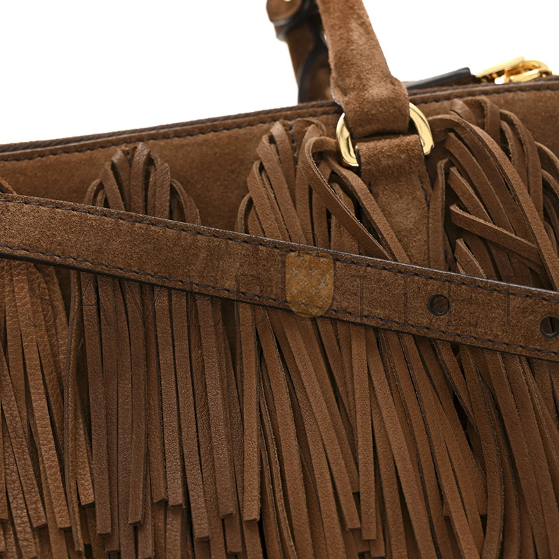 Pra*a SUEDE FRINGE GALLERIA MEDIUM DOUBLE ZIP TOTE COCOA BROWN (30*14*10.5cm)